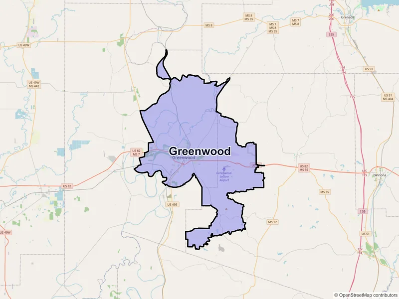Map of Greenwood, Mississippi and ZIP codes