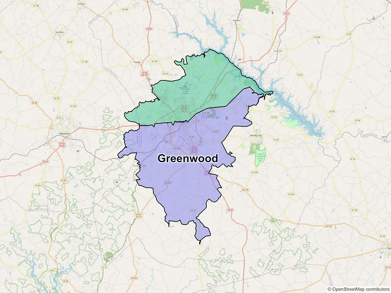 Map of Greenwood, South Carolina and ZIP codes