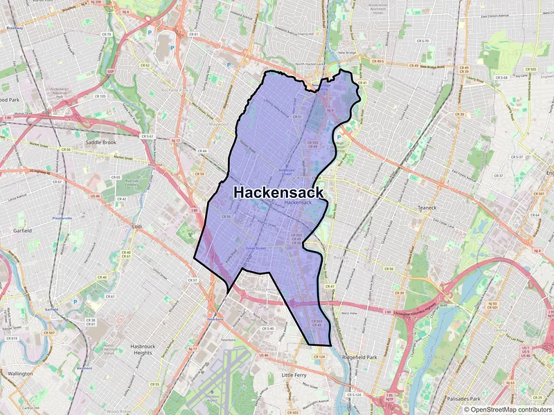 Map of Hackensack, New Jersey and ZIP codes