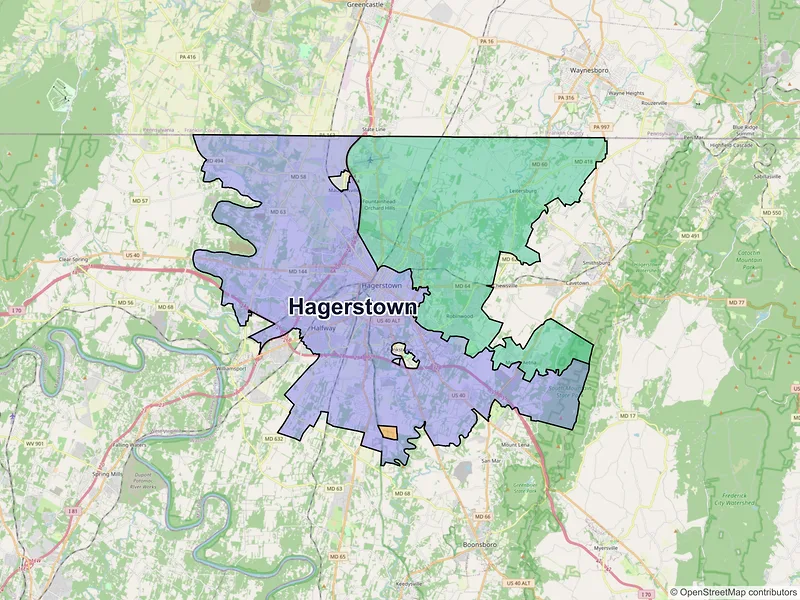 Map of Hagerstown, Maryland and ZIP codes
