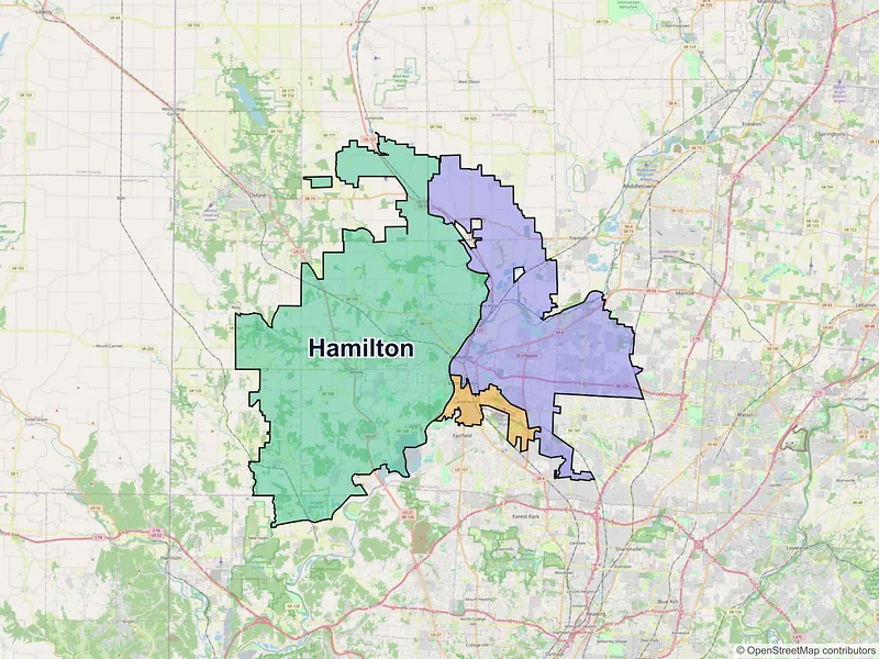 Map of Hamilton, Ohio and ZIP codes