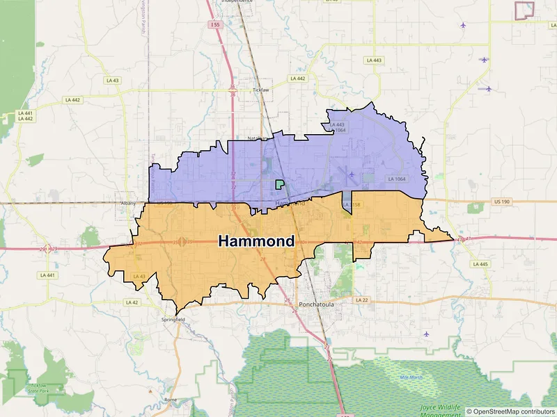 Map of Hammond, Louisiana and ZIP codes