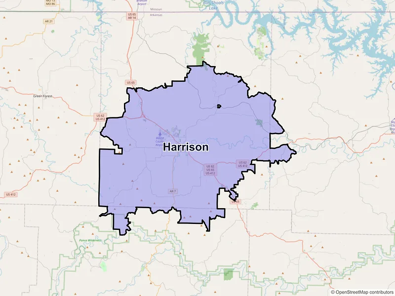 Map of Harrison, Arkansas and ZIP codes