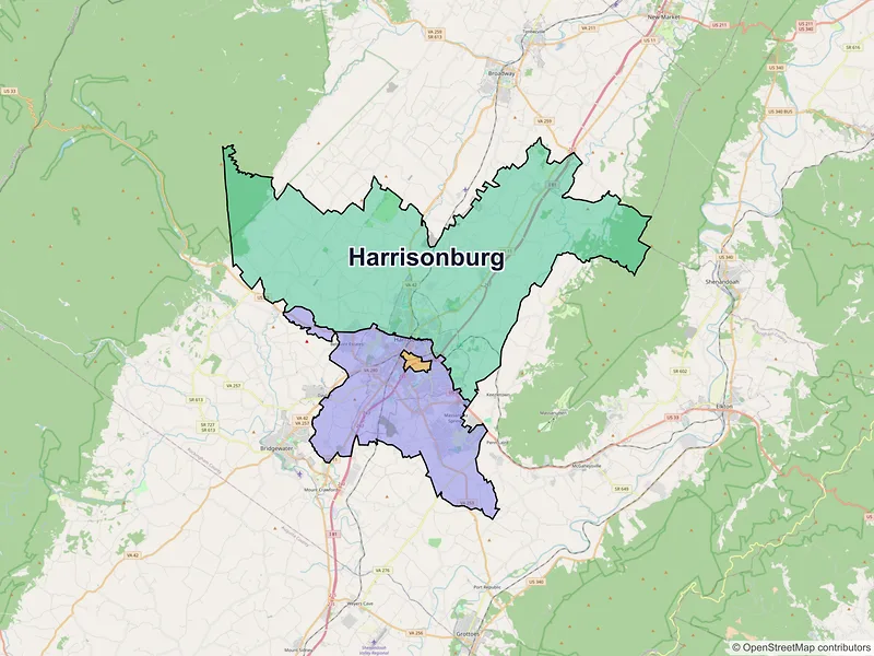 Map of Harrisonburg, Virginia and ZIP codes