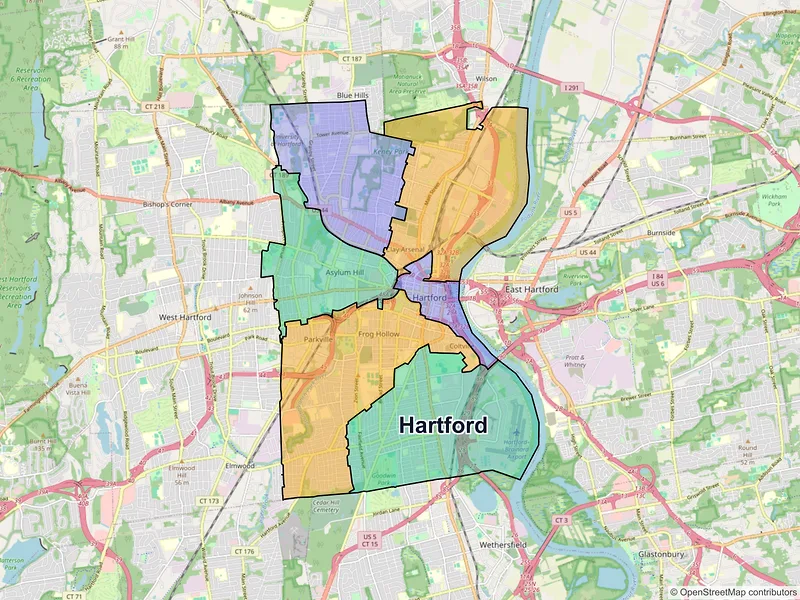 Map of Hartford, Connecticut and ZIP codes