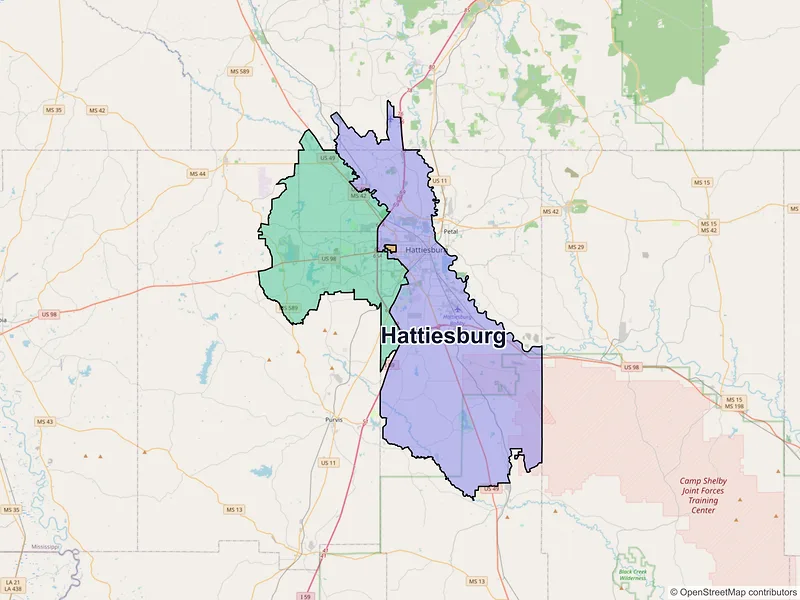 Map of Hattiesburg, Mississippi and ZIP codes