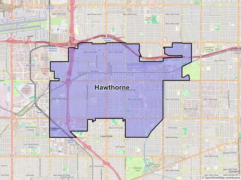 Map of Hawthorne, California and ZIP codes