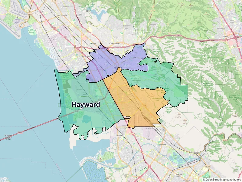Map of Hayward, California and ZIP codes