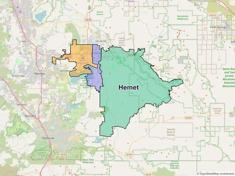 Map of Hemet, California and ZIP codes