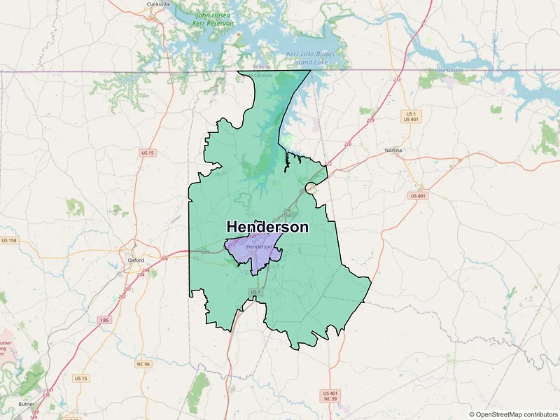 Map of Henderson, North Carolina and ZIP codes