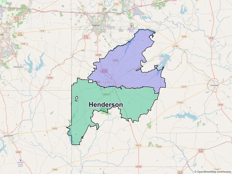 Map of Henderson, Texas and ZIP codes