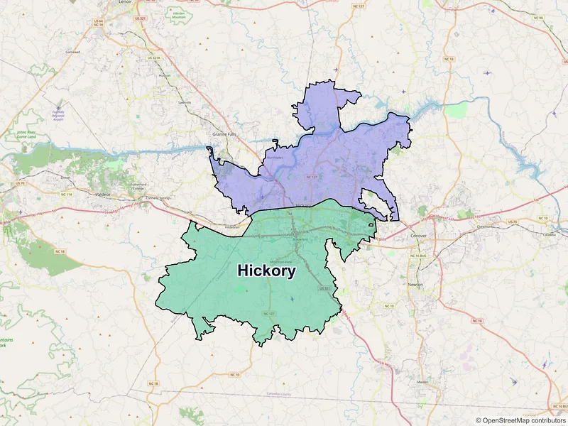 Map of Hickory, North Carolina and ZIP codes