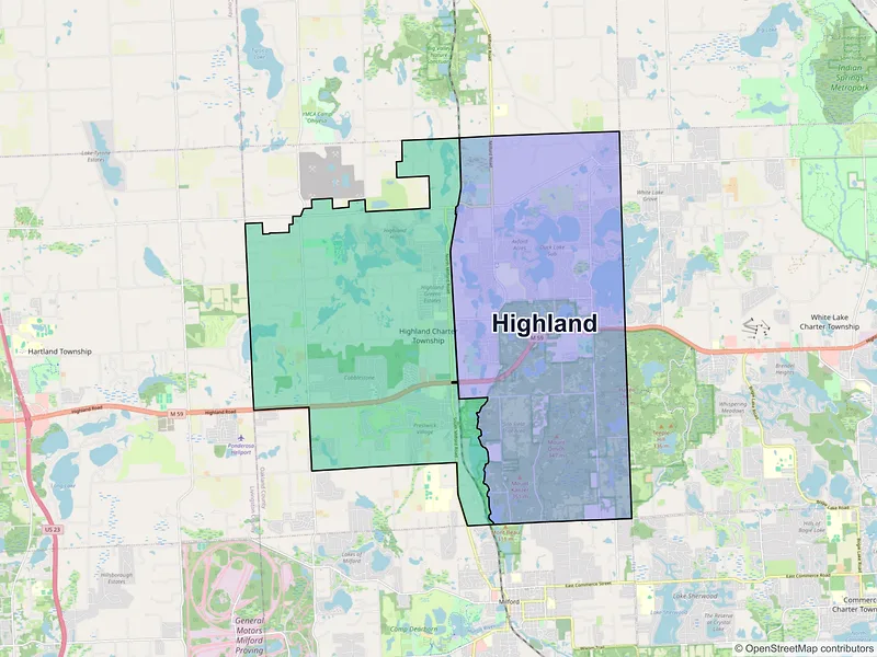Map of Highland, Michigan and ZIP codes