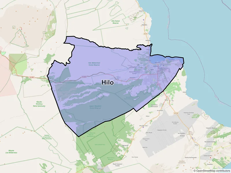 Map of Hilo, Hawaii and ZIP codes