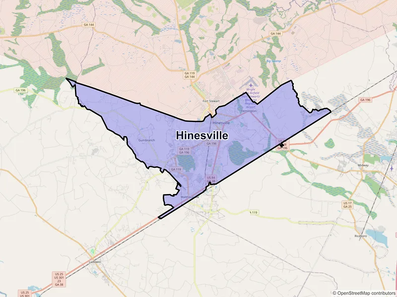 Map of Hinesville, Georgia and ZIP codes