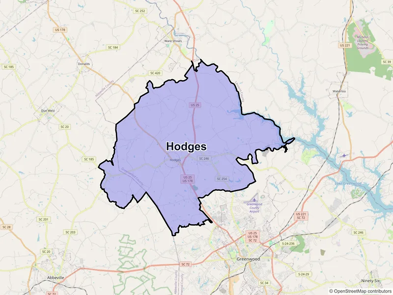 Map of Hodges, South Carolina and ZIP codes