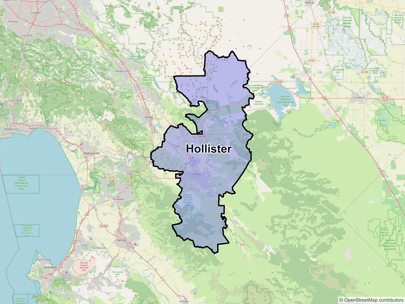 Map of Hollister, California and ZIP codes
