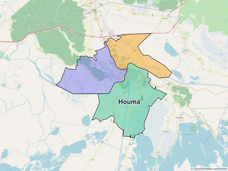 Map of Houma, Louisiana and ZIP codes