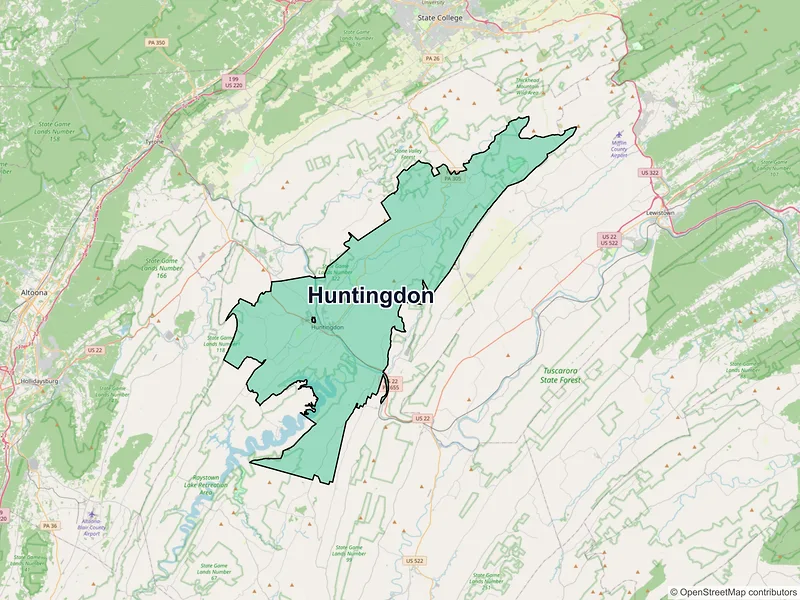 Map of Huntingdon, Pennsylvania and ZIP codes