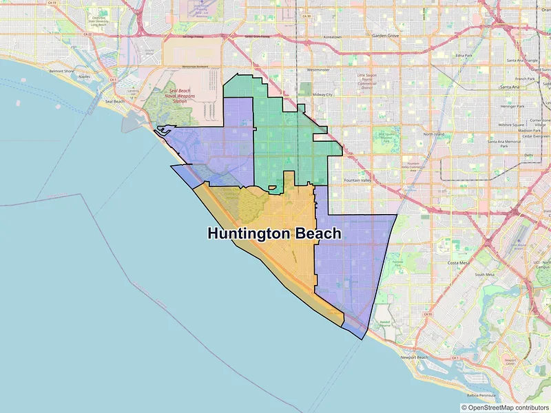 Map of Huntington Beach, California and ZIP codes