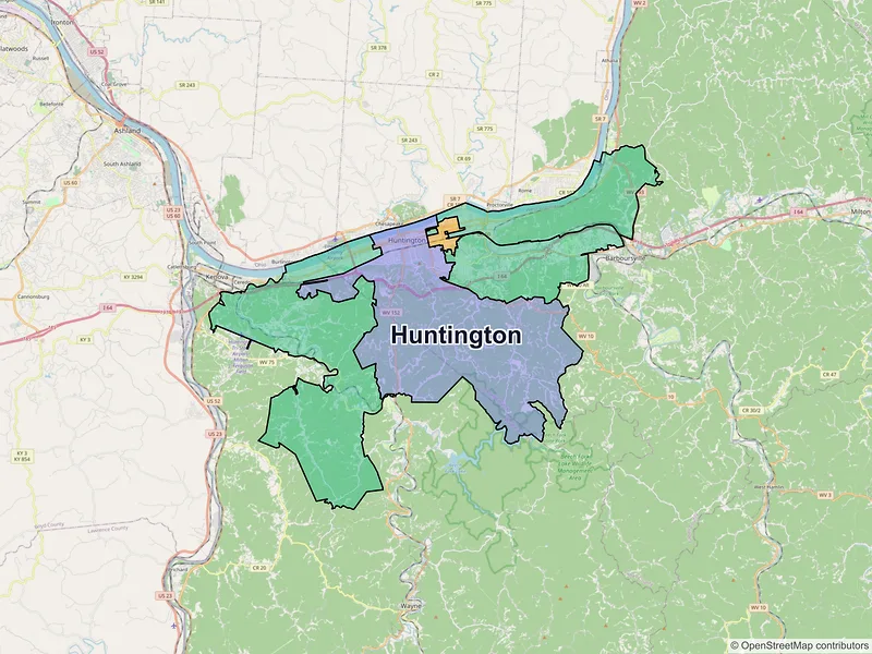Map of Huntington, West Virginia and ZIP codes
