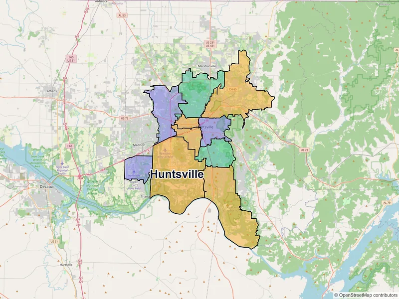 Map of Huntsville, Alabama and ZIP codes