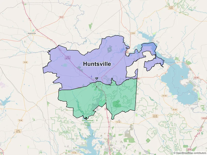 Map of Huntsville, Texas and ZIP codes