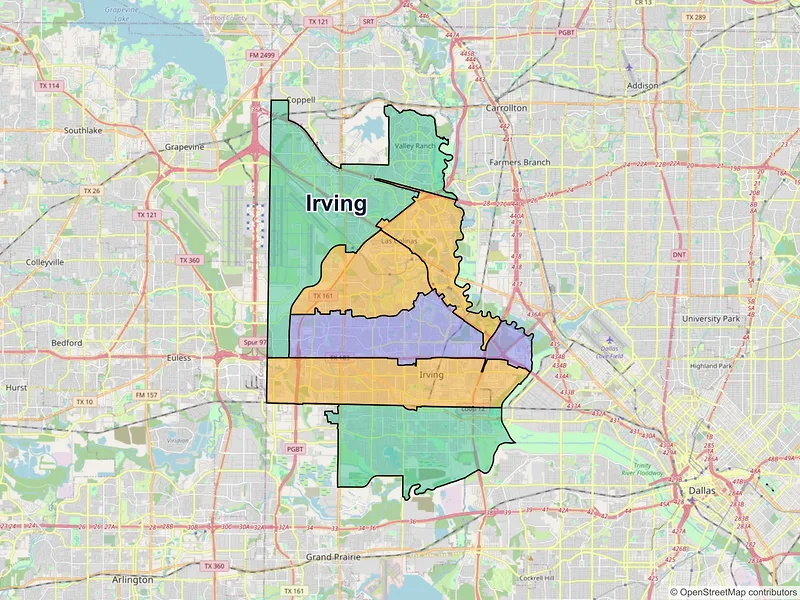 Map of Irving, Texas and ZIP codes