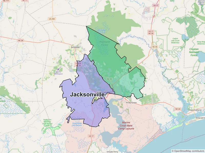 Map of Jacksonville, North Carolina and ZIP codes
