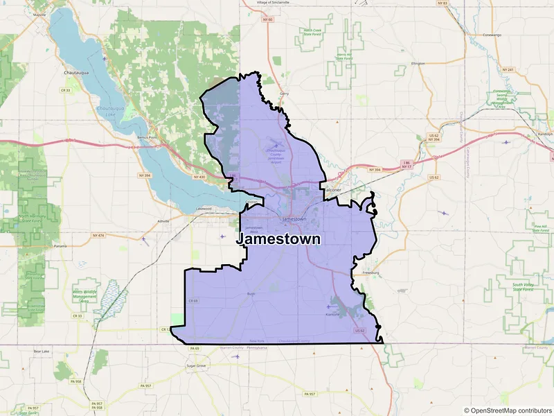 Map of Jamestown, New York and ZIP codes