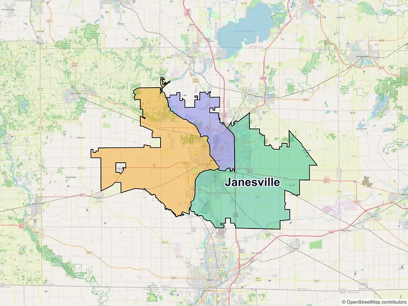 Map of Janesville, Wisconsin and ZIP codes