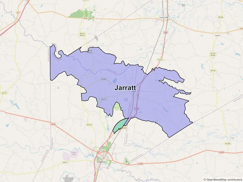Map of Jarratt, Virginia and ZIP codes