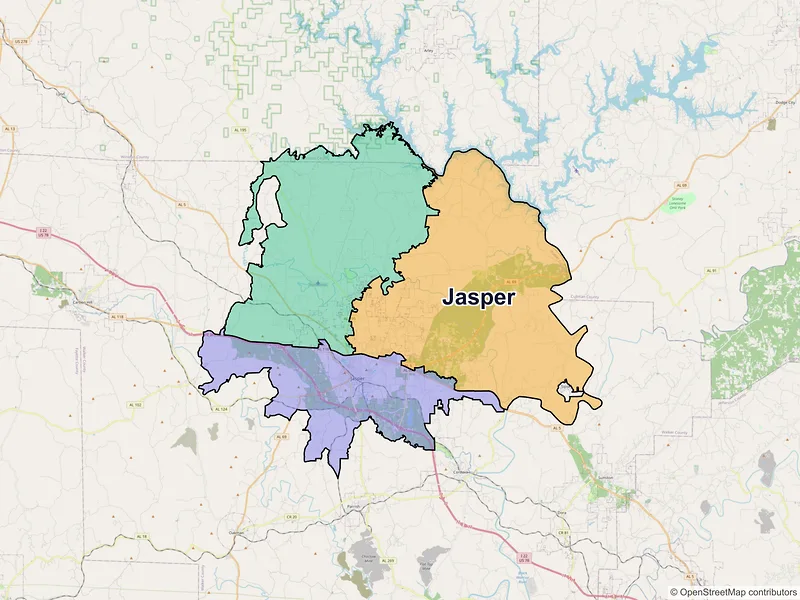Map of Jasper, Alabama and ZIP codes