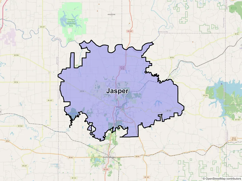 Map of Jasper, Indiana and ZIP codes