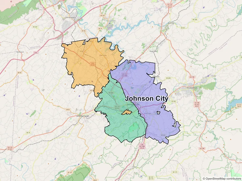 Map of Johnson City, Tennessee and ZIP codes