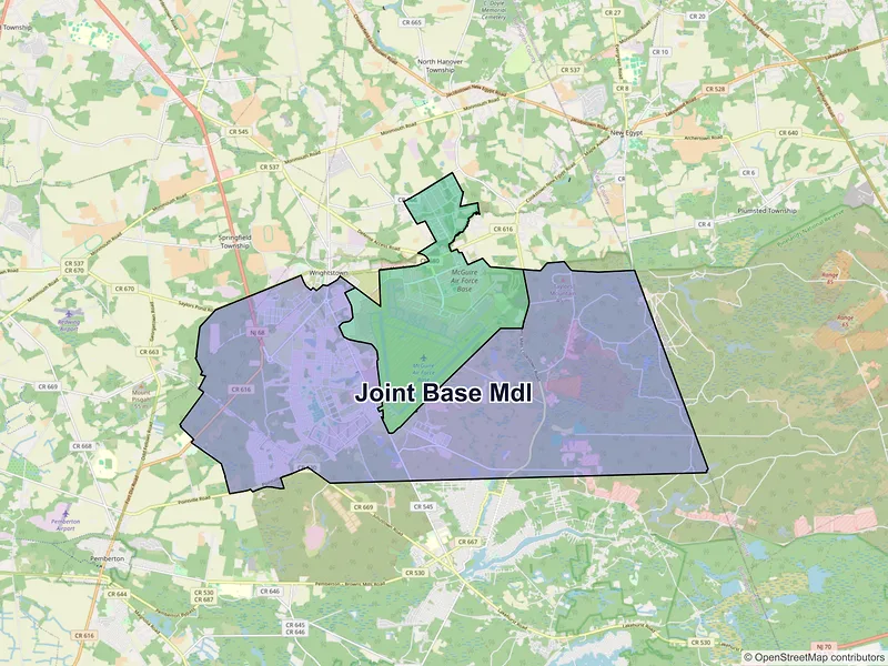 Map of Joint Base MDL, New Jersey and ZIP codes
