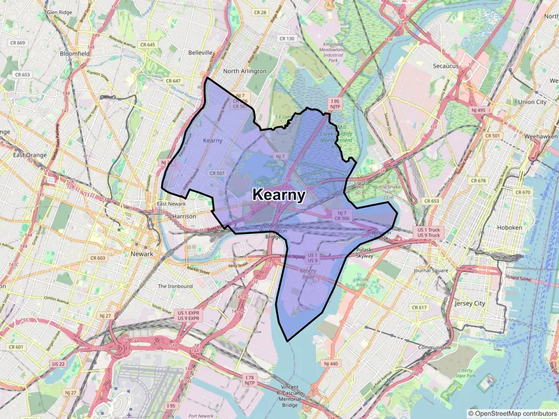 Map of Kearny, New Jersey and ZIP codes