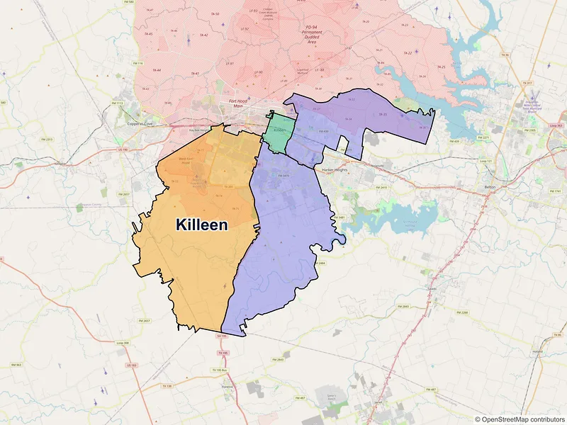 Map of Killeen, Texas and ZIP codes