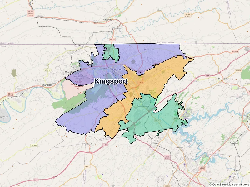 Map of Kingsport, Tennessee and ZIP codes