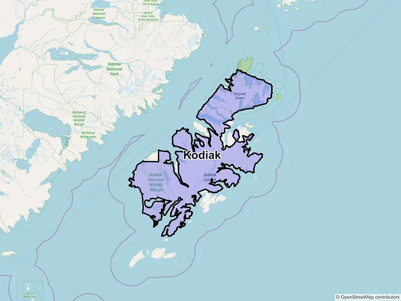 Map of Kodiak, Alaska and ZIP codes
