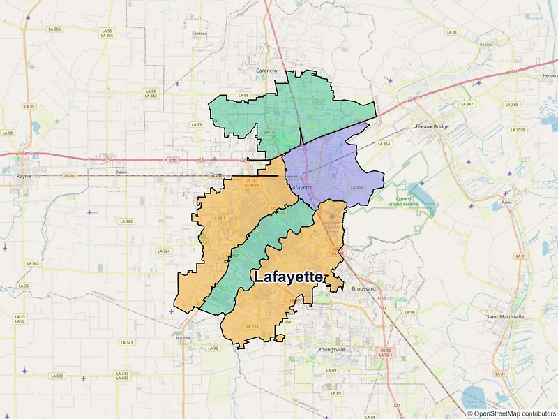 Map of Lafayette, Louisiana and ZIP codes