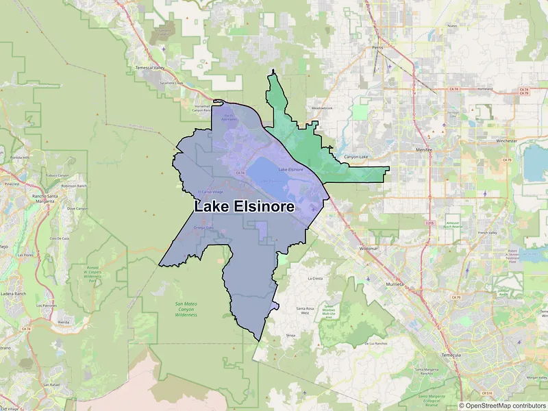Map of Lake Elsinore, California and ZIP codes