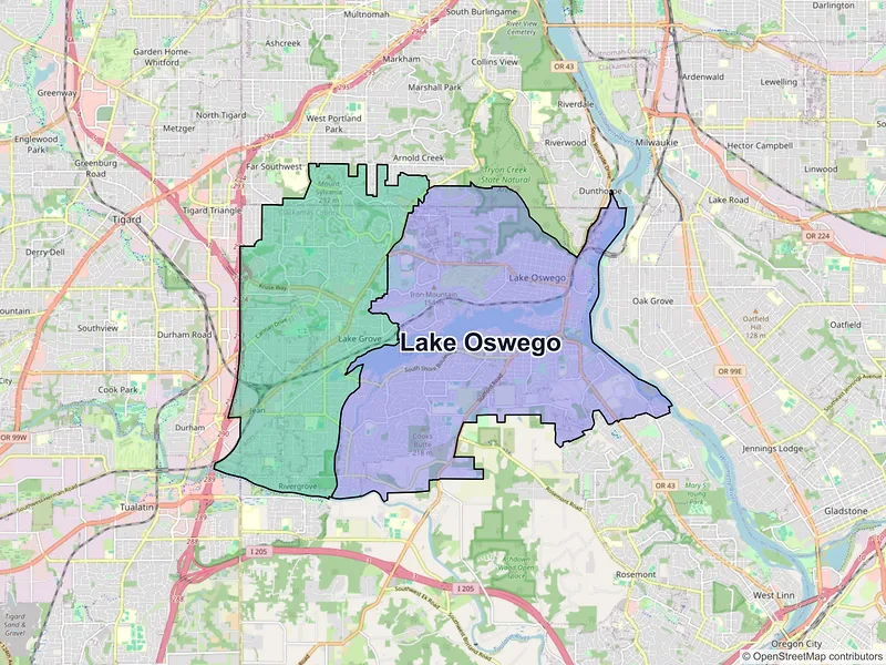 Map of Lake Oswego, Oregon and ZIP codes