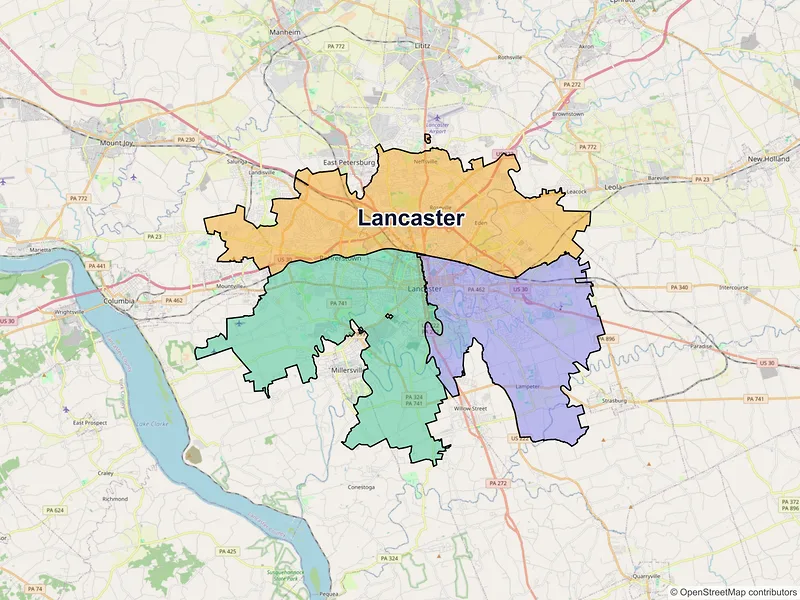 Map of Lancaster, Pennsylvania and ZIP codes