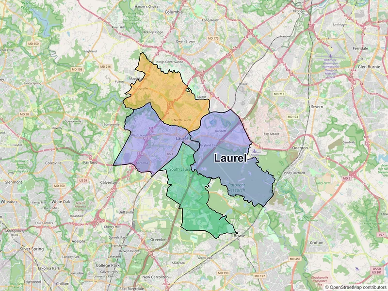 Map of Laurel, Maryland and ZIP codes