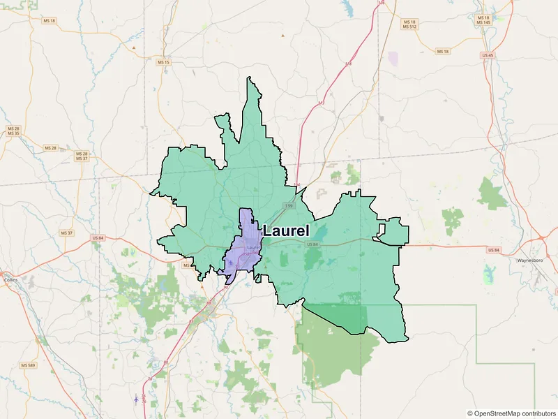 Map of Laurel, Mississippi and ZIP codes