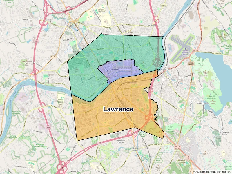 Map of Lawrence, Massachusetts and ZIP codes