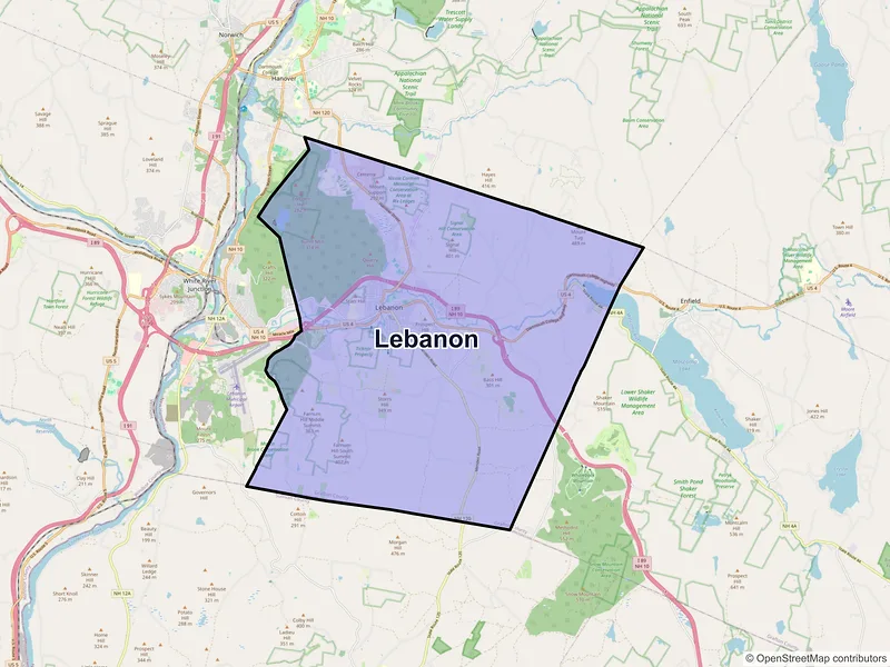Map of Lebanon, New Hampshire and ZIP codes