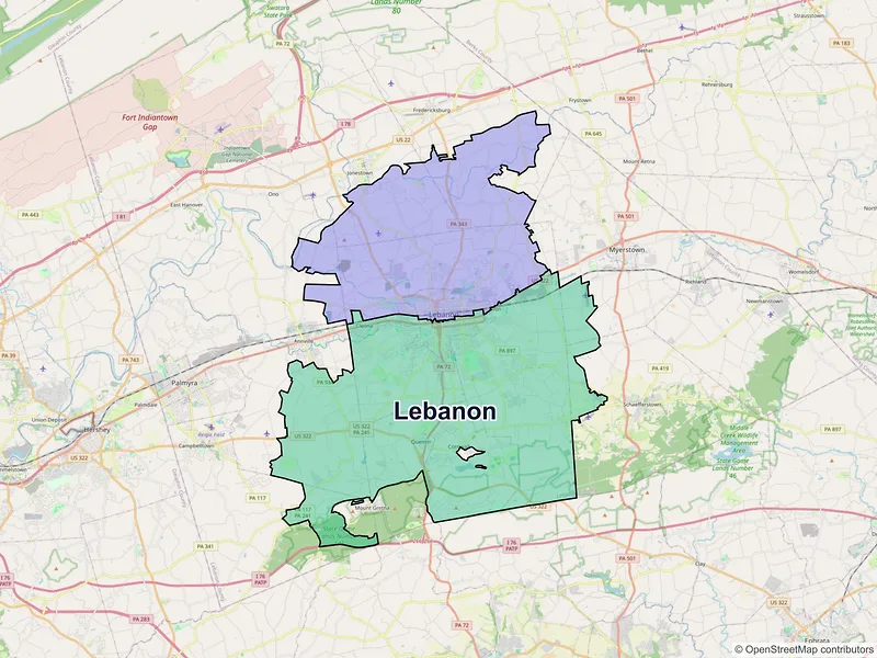 Map of Lebanon, Pennsylvania and ZIP codes