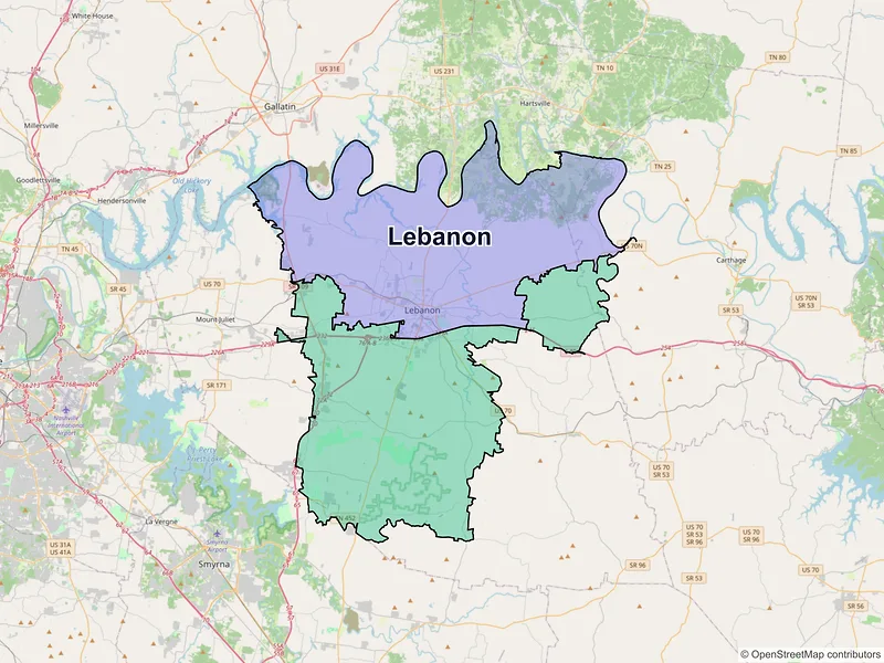 Map of Lebanon, Tennessee and ZIP codes
